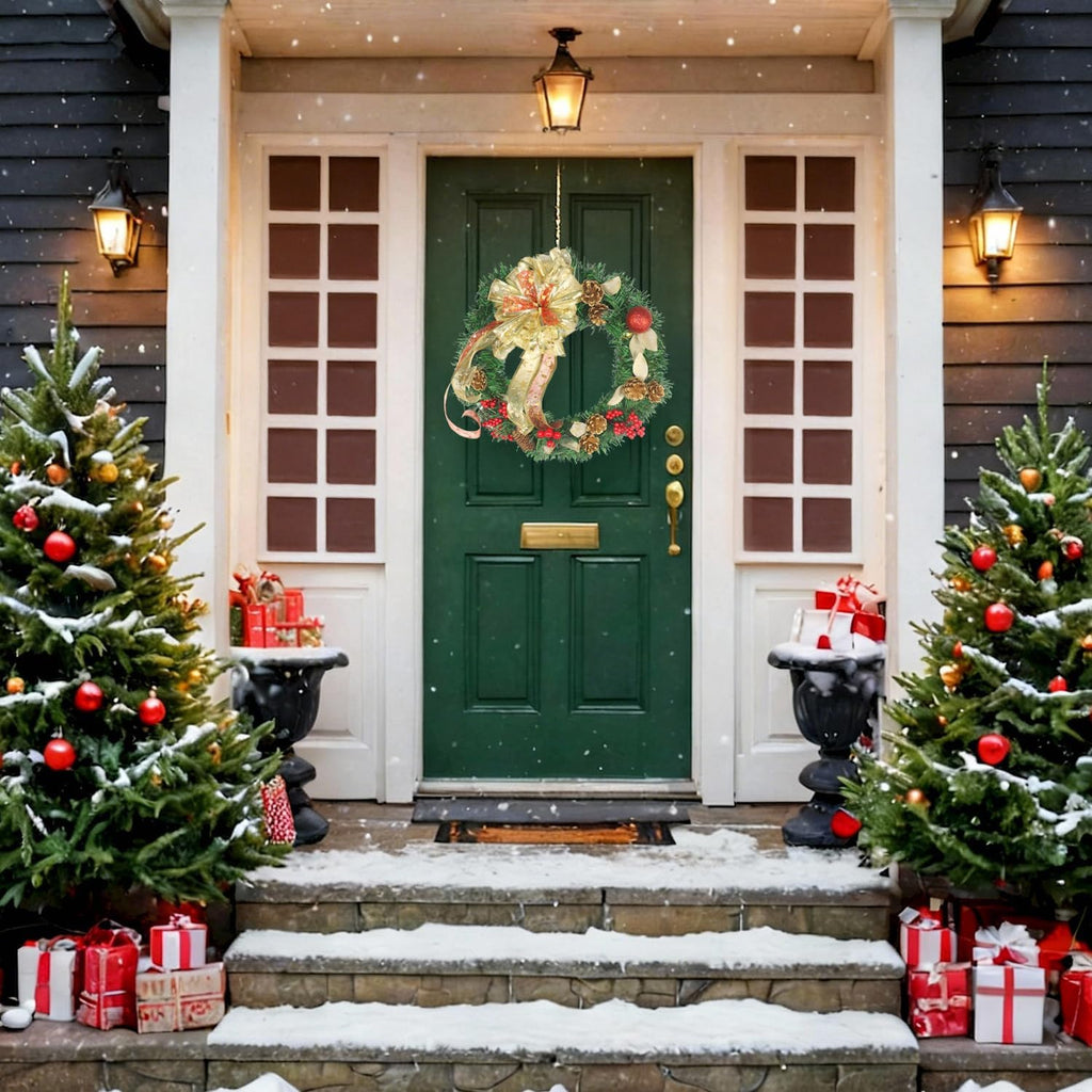 16 Inch Christmas Wreath with Lights,Large Red Bow and Colored Ballswith Battery Box,Warm White 30 LEDs Lights, Front
