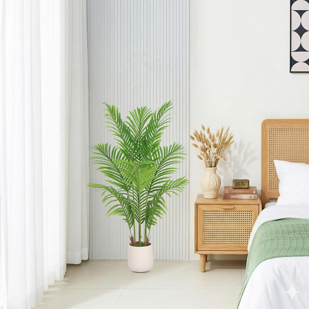 Artificial Palm Tree 4FT with White Planter, Faux Tropical Areca Floor Plant with Lifelike Green Leaves, Indoor Faux