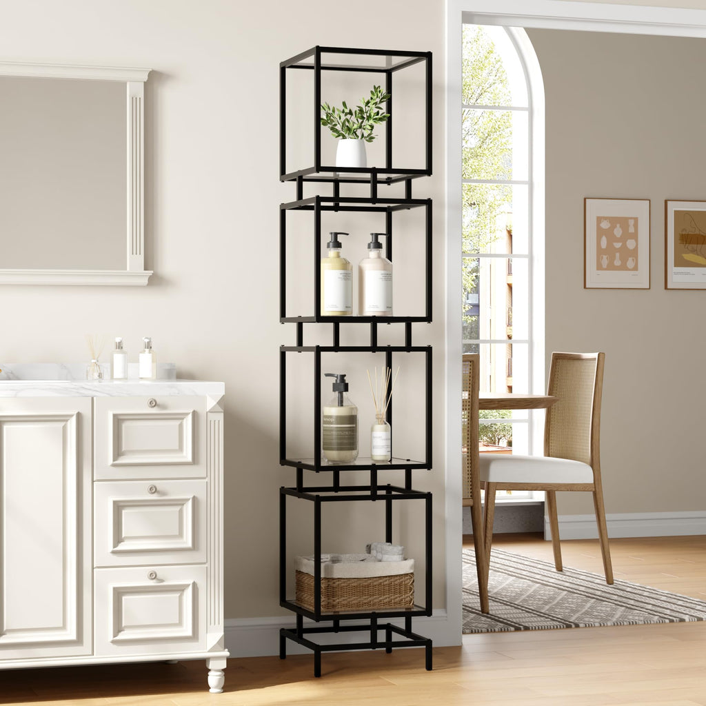 4 Cube Glass Shelf, 4-Tier Bookshelf, Display Shelf Rack, Metal Storage Rack with Tempered Glass, Modern Style, Black
