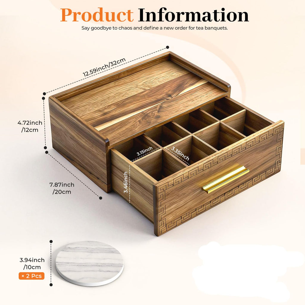 Acacia Wood Tea Bag Organizer with Storage Drawer | 8 Compartments Tea Caddy with Pattern Carving & 2 Ceramic
