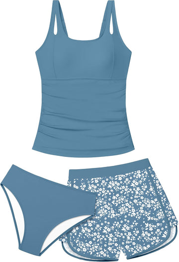 Girls Tankini Swimsuit 3 Piece Bathing Suits for Girl Square Collar Tankinis Set Girls' Swimwear with Print Shorts