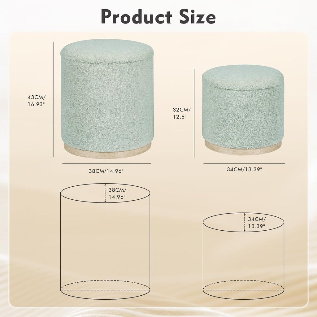 Round Ottoman with Storage Set of 2, Storage Ottoman with Tray, Teddy Velvet Ottoman Storage Modern Multifunctional