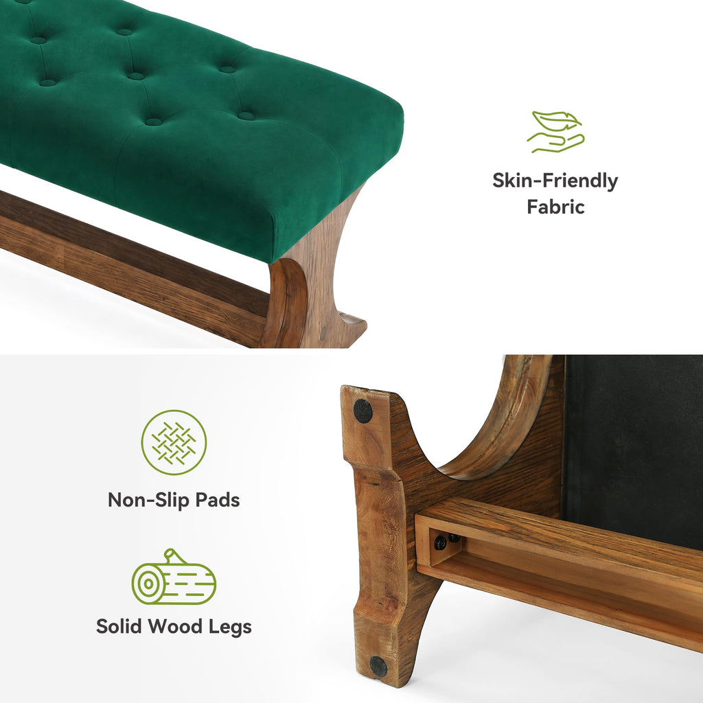 55" Upholstered End of Bed Bench, Solid Wood Tufted Entryway Bench, Farmhouse Ottoman with Cushion, Foot of Bed