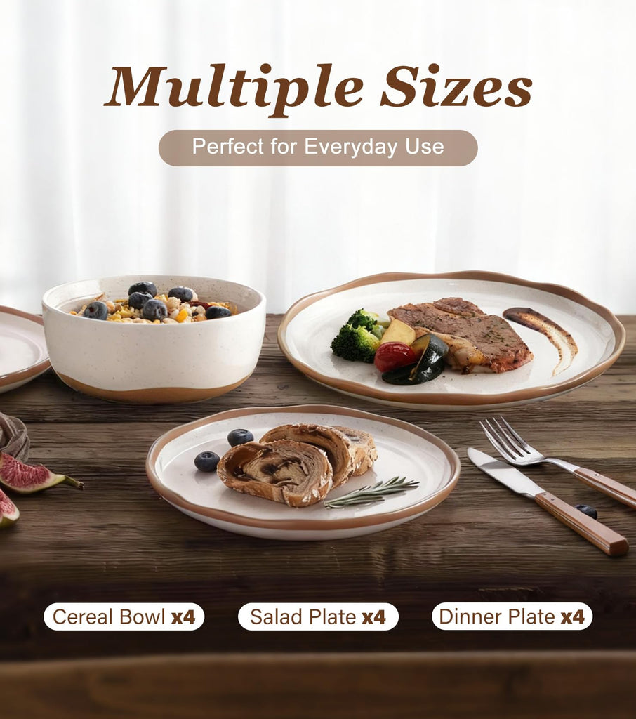Plates and Bowls Set, 12 Pieces Farmhouse Ceramic Dinnerware Sets, Scratch Resistance, Dishwasher Microwave Safe