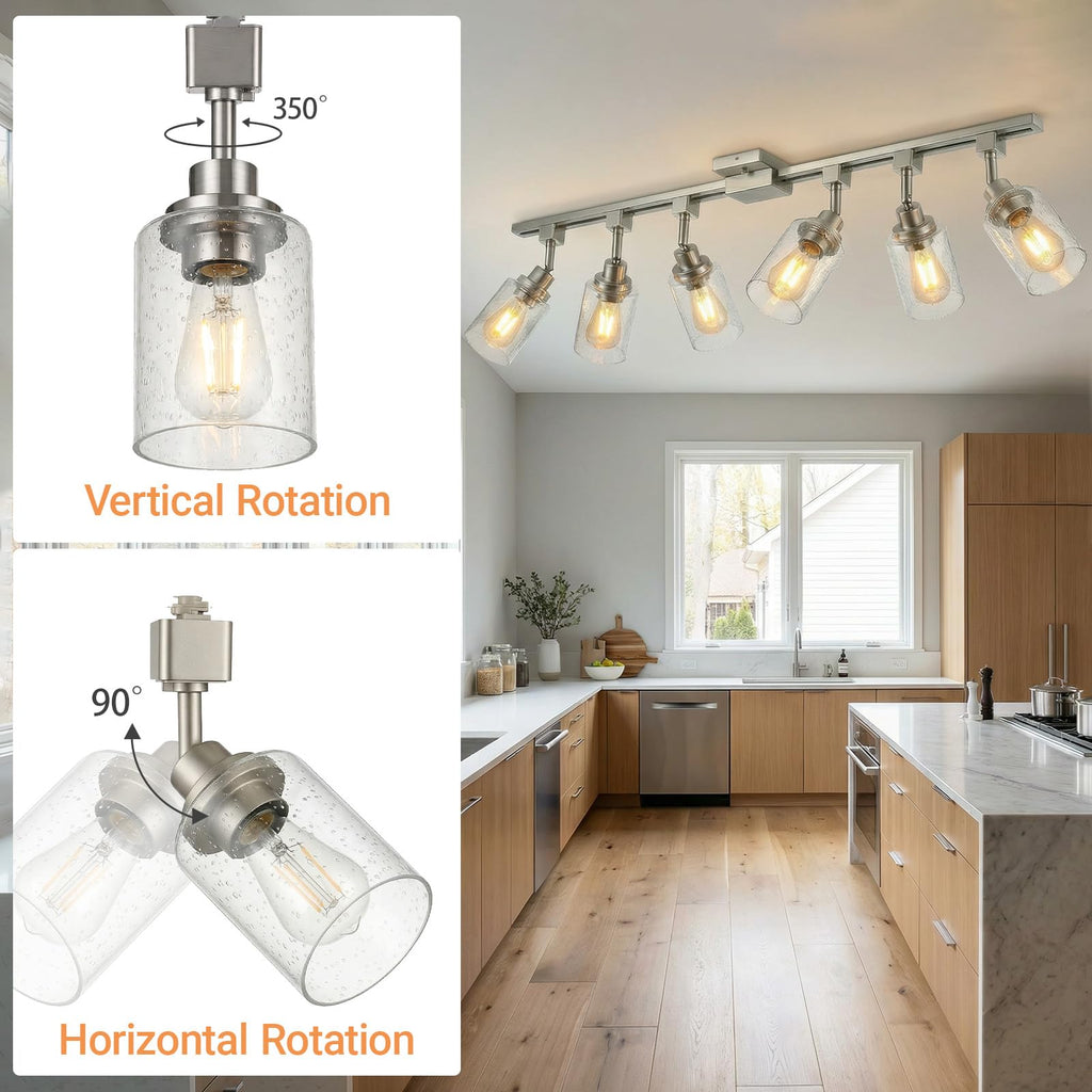 6 Pack H Track Lighting Replacement Heads Brushed Nickel, Ceiling Track Lighting Fixtures with Seeded Glass Shades
