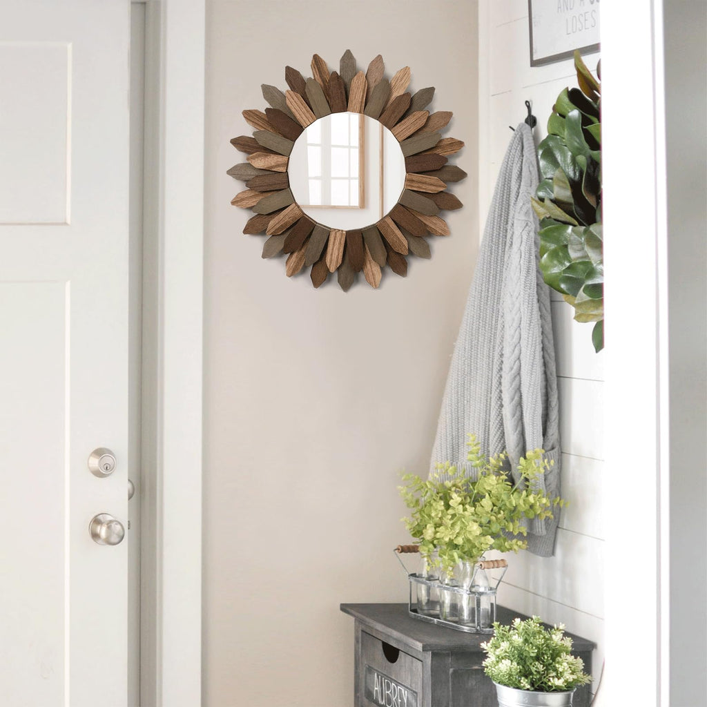 Boho Wall Decor Mirror 2 Pack 12 inch Rustic Wood Decorative Mirror for Room Decor Rustic Farmhouse Wall Decor