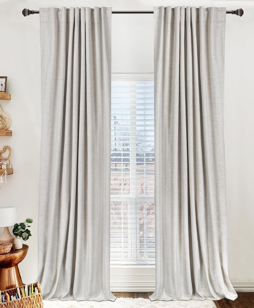 Linen Blackout Curtains for Bedroom 96 Inches Long, Back Tab/Rod Pocket Living Room Drapes, Thermal Insulated