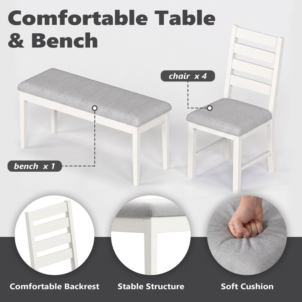 6-Piece Dining Table and Chair Set with 4 Chairs & 1 Bench, Grey