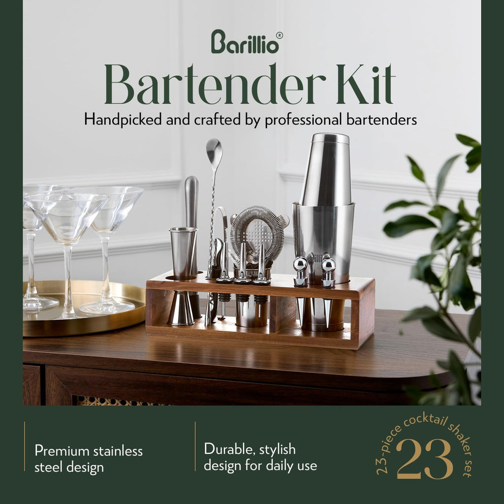 Bartender Kit - 23-Piece Stainless-Steel Cocktail Shaker Set with Premium Acacia Stand | Martini Barware Mixing Tools - Set of 23