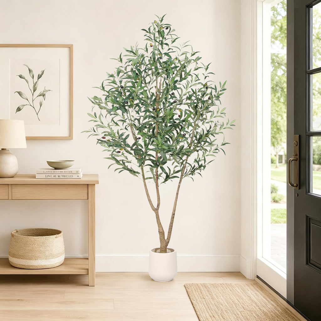Olive Trees Artificial Indoor, 6FT Tall Faux Olive Tree with White Planter, Artificial Plants with Lush Leaves