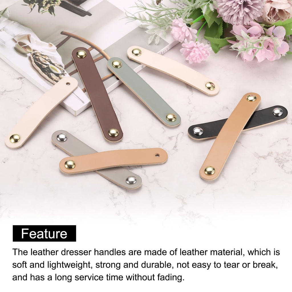 6 Packs Leather Drawer Pulls, Double Hole Leather Drawer Knobs Furniture Dresser Handles Pulls with Screws
