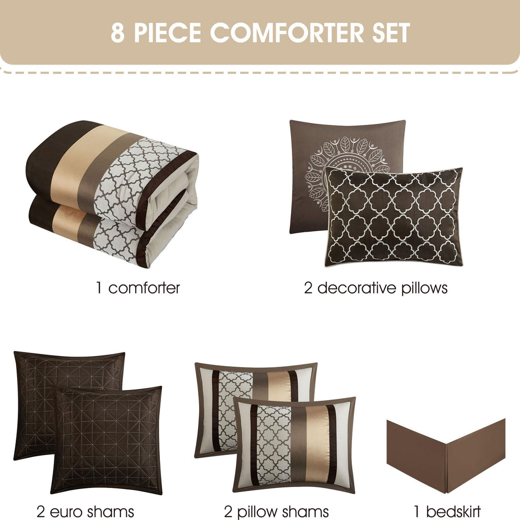 Brown Comforter Set Queen, 8 Pieces Bed in a Bag, Lightweight Microfiber, Ultra-Soft, Jacquard Premium Bedding Set
