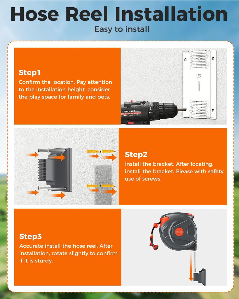 100 FT 1/2 Inch Retractable Garden Hose Reel Wall-Mounted 180° Swivel 9-Patern Nozzle Automatic Slow Return Any