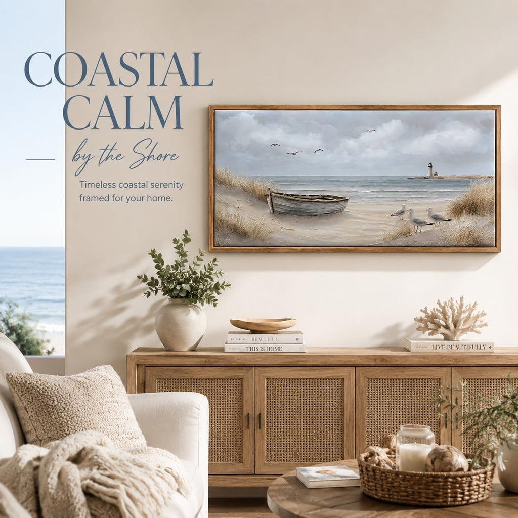 Framed Beach Coastal Lighthouse Canvas Wall Art 16X32 Inch