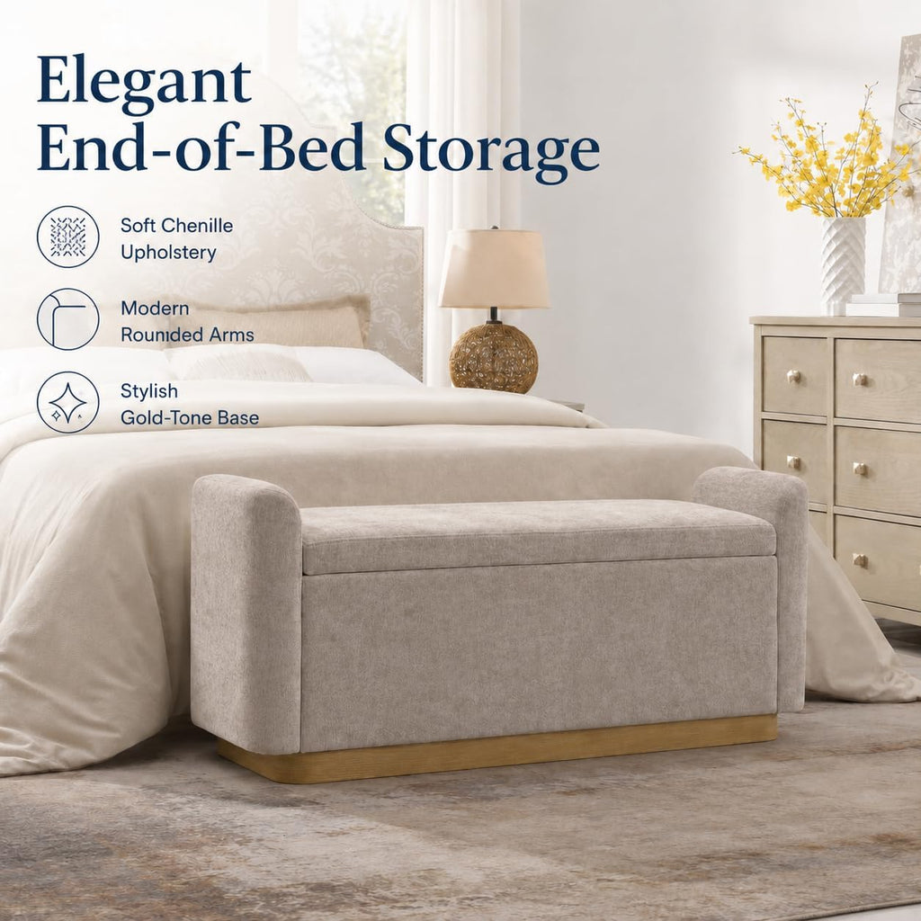 49" Storage Ottoman Bench, Upholstered Bench, Chenille, Brown | End of Bed Bench with Hidden Storage, Safety Hinge &