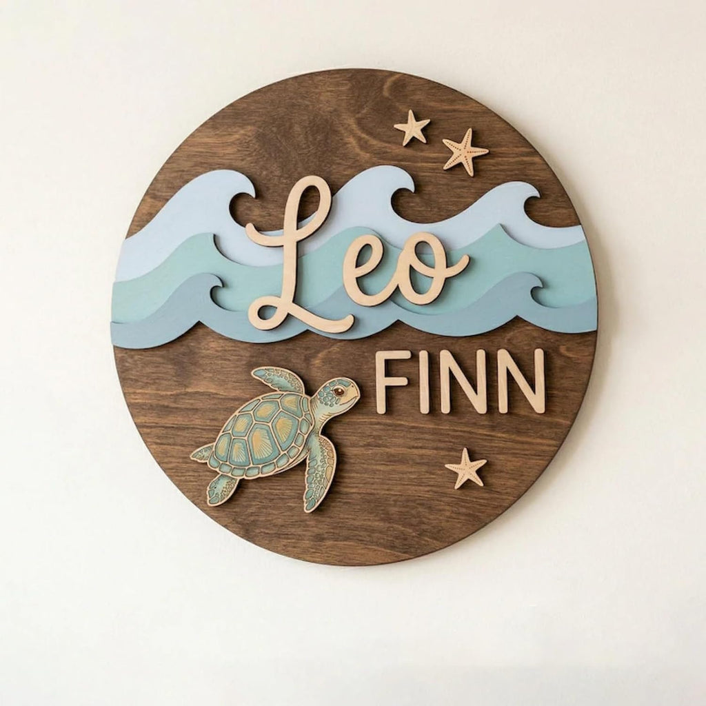 Personalized Name Sign, Custom Wooden Ocean Theme Wall Decor with Turtle Waves and Starfish, Kids Bedroom Door