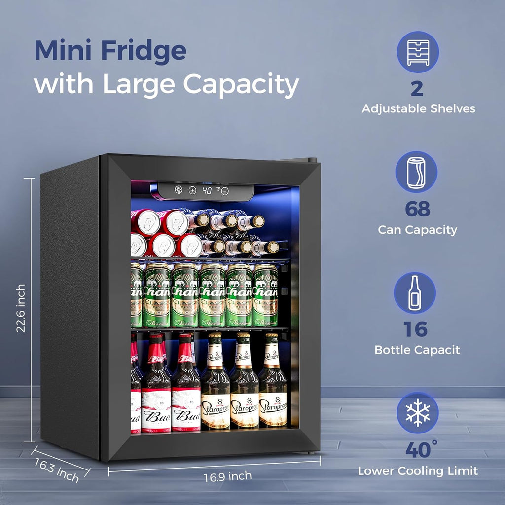 1.7 Cu.Ft Beverage Refrigerator Cooler - 68 Can Mini Fridge Glass Door for Drink
