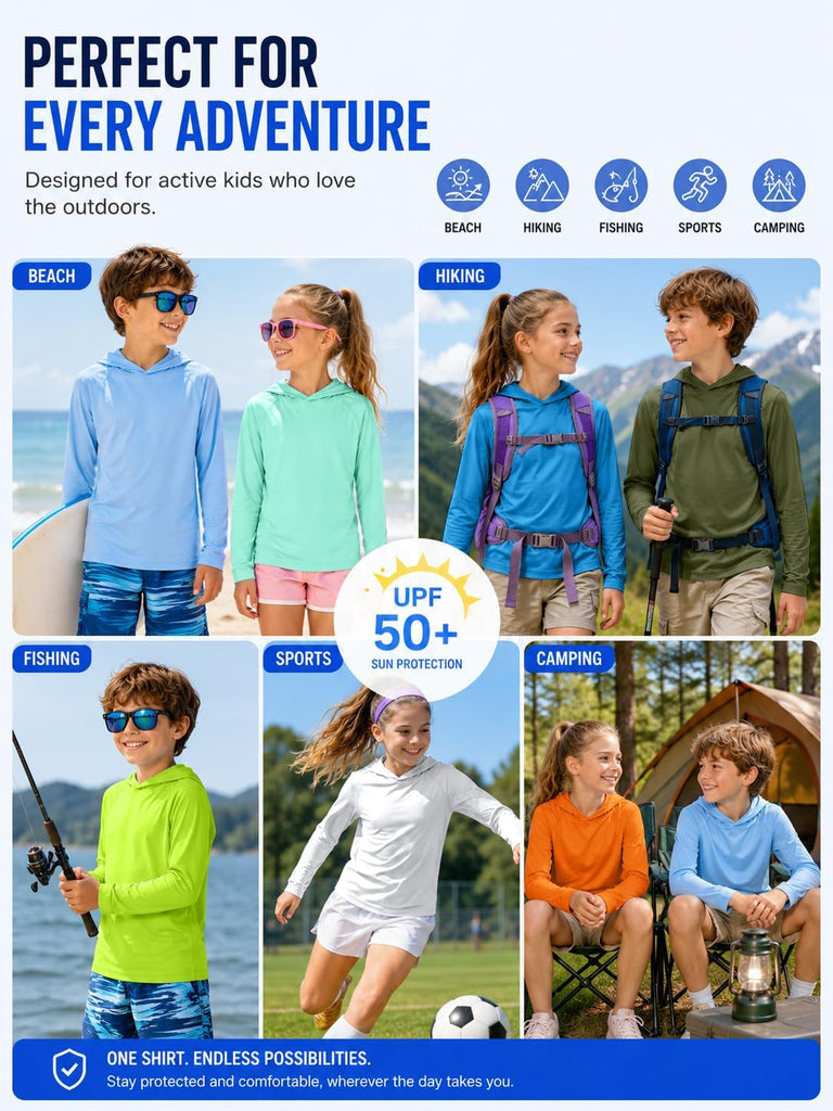 3 Pack Rash Guard for Boys Girls Long Sleeve Hooded Swim Shirt Kids UPF50+ Sun Protection Fishing Shirt