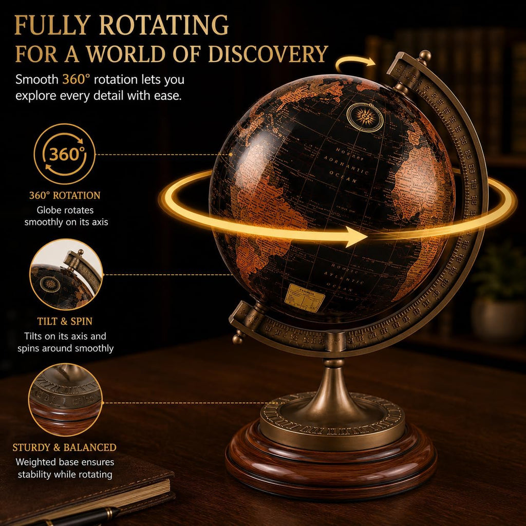 Antique-Style Decorative World Globe - Black and Gold Rotating Globe with Cast Aluminium Meridian and Wooden Base