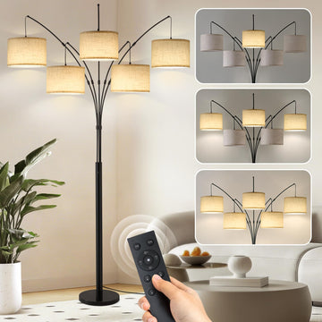 Bright Floor Lamp, Remote Control, Beige Shade Black Pole
