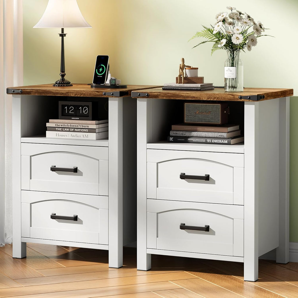 Farmhouse Nightstand Set of 2 with Charging Station, 18'' Wide Rustic End Table with USB/Type-C Ports, 2 Drawers &