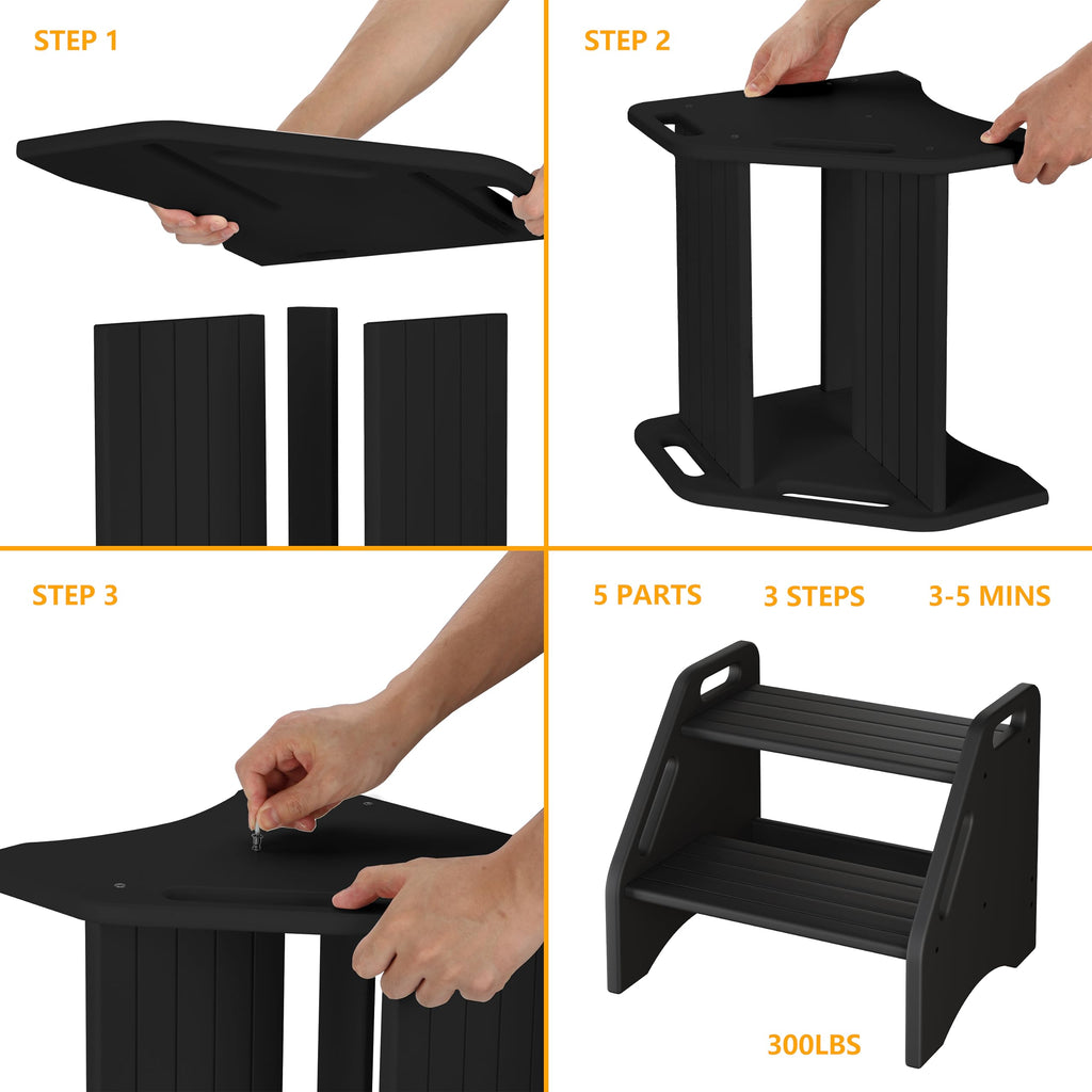 Wooden Step Stool - Two-Step 300 lbs Capacity With Safety Non-Slip Pads and Handles, Bamboo, Dual Height for Adults