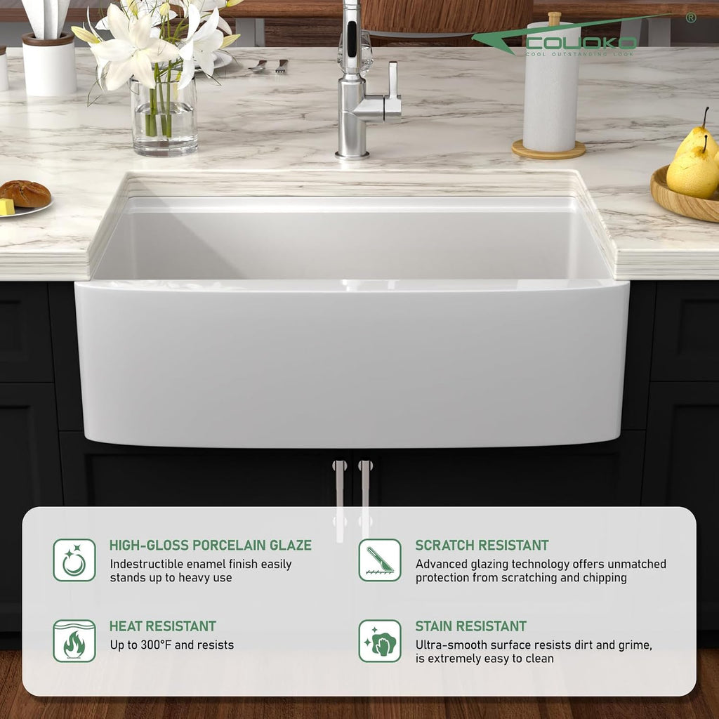 33 Inch White Farmhouse Sink Workstation - White Curved Apron Front Fireclay Farm Sink Large Deep Ceramic Single Bowl