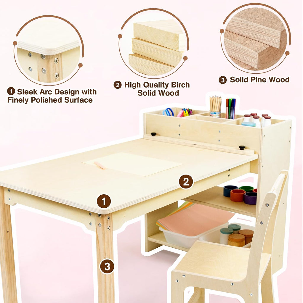 Kids Art Table and Chair Set, Birch Wooden Activity Craft Table, Kids Drawing Table, Toddler Desk with Storage and 1