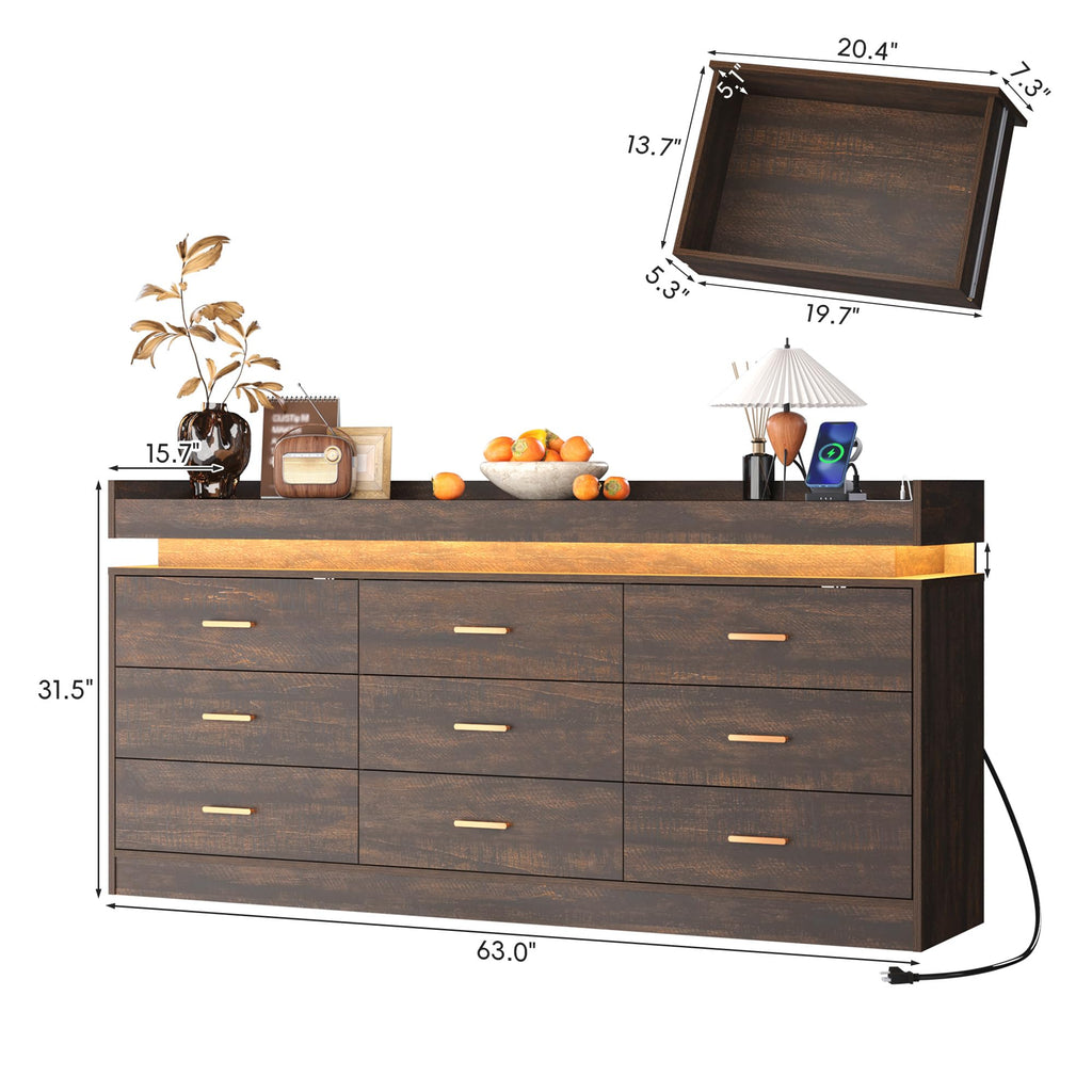 Farmhouse 9 Drawer Dresser with LED Light and Charging Station, Brown