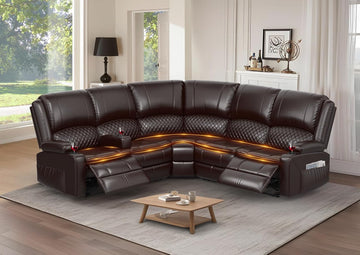 Home Theater Seating Reclining Sectional Sofa, 5 Seats Soft Leather Recliner Corner Sectional Couch