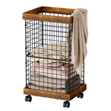 Basket with Wheels, Rolling Hamper Wooden Wire Laundry Bin