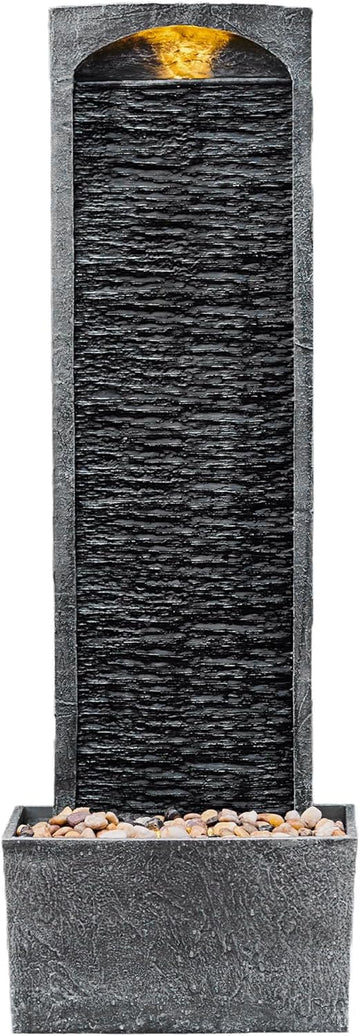 38.5" Faux Slate Contemporary Outdoor LED Waterfall Fountain with Pebble Base, Gray/Black