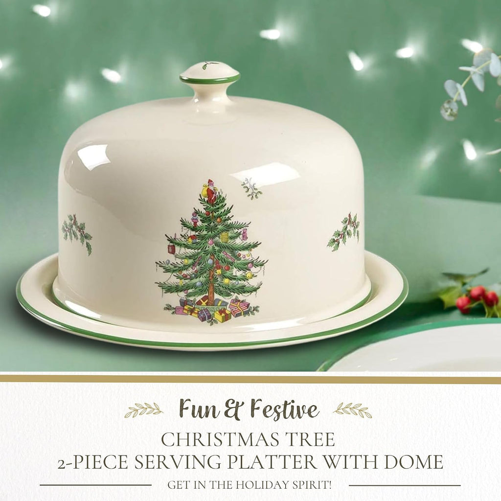 Christmas Tree 2 Piece Serving Platter with Dome Set - Ceramic Holiday Serving Tray for Cakes, Desserts, Side Dishes