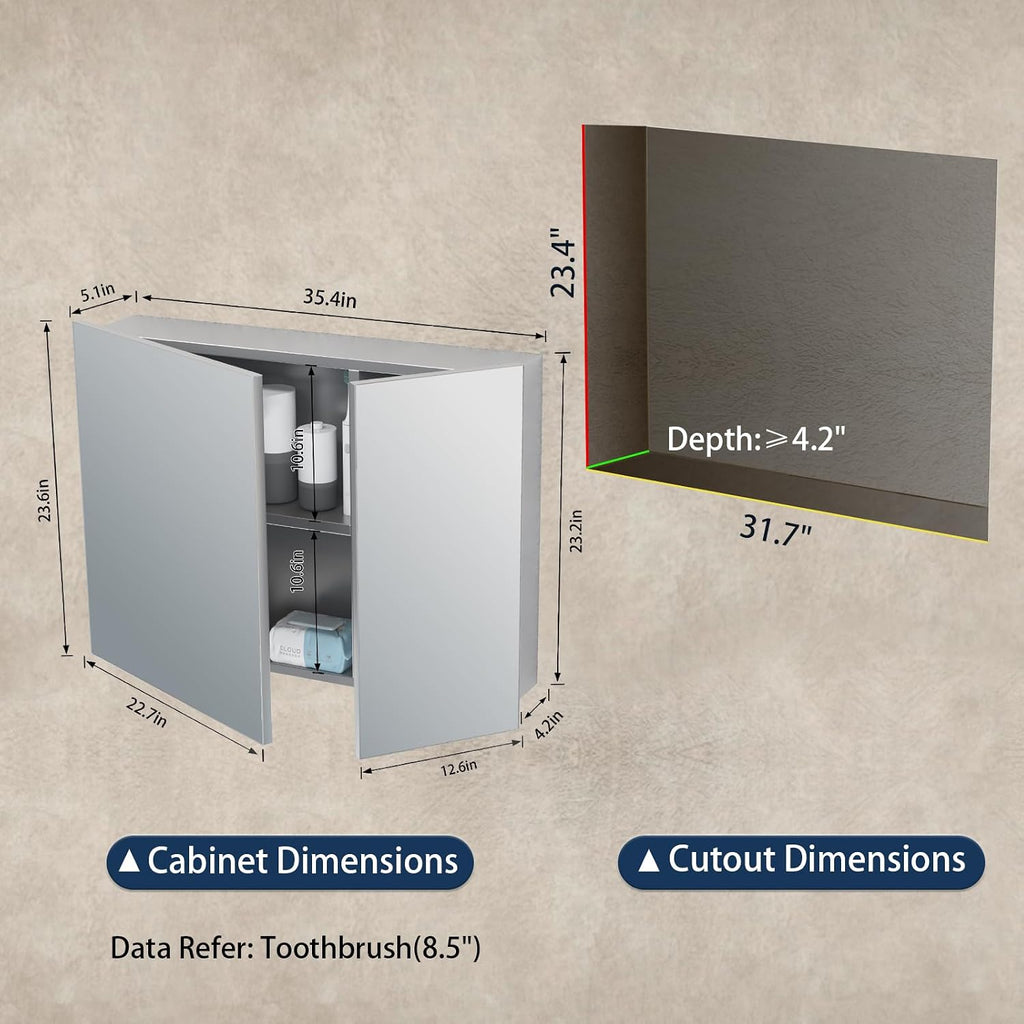 36x24 Medicine Cabinet Mirror with Storage, Pre-Assembled Medicine Cabinets , Recessed or Surface Mount Large Silver