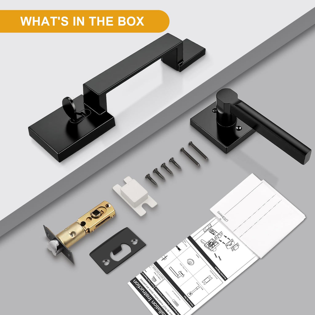 Black Front Door Handle Set, Exterior Door Handle, Modern Heavy Duty Square, Passage Door Handleset Reversible for