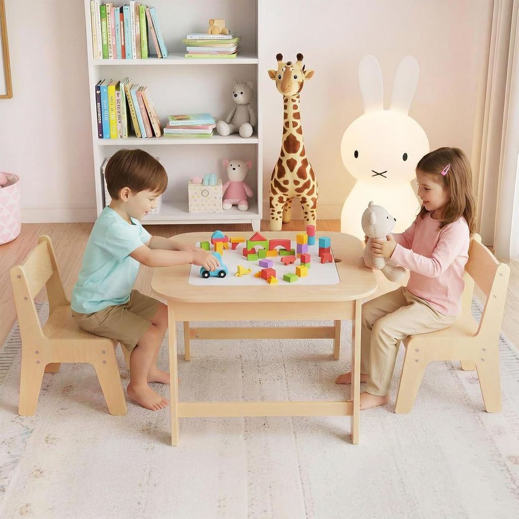 Kids Table and Chair Set, 3 in 1 Wooden Activity Table with Removable Tabletop, Blackboard and Whiteboard