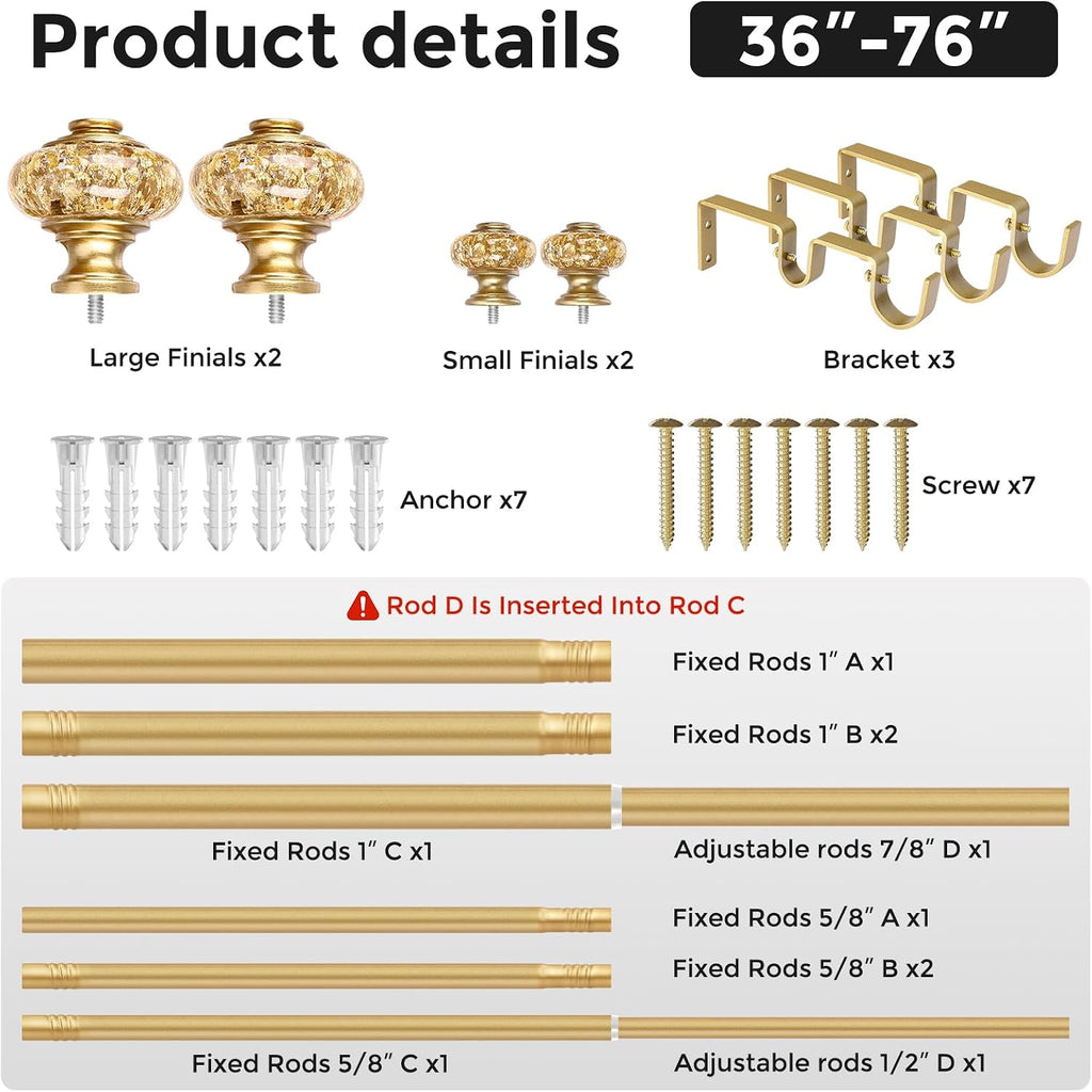Gold Double Curtain Rod 36 to 76 Inch, 1 Inch Adjustable Decorative Crystal Dual Curtain Rod, Heavy Duty Vintage