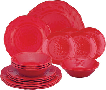16 Piece Holiday Red Melamine Dinnerware Sets, Outdoor Dishes Set, Plates and Bowls Sets, Christmas Decorations