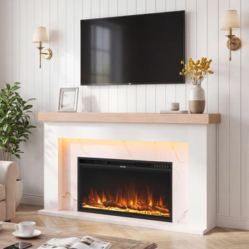 62" Electric Fireplace with Mantel, White Marble TV Stand, 36" Insert, 3D Flame 15 LED Colors, Remote & App Control