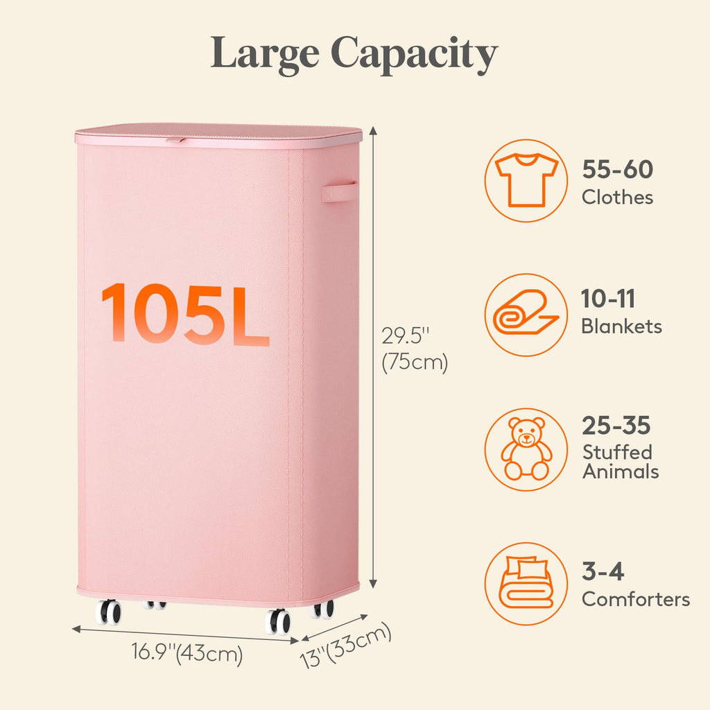 105L Large Laundry Basket with Wheels and Lid, Pink