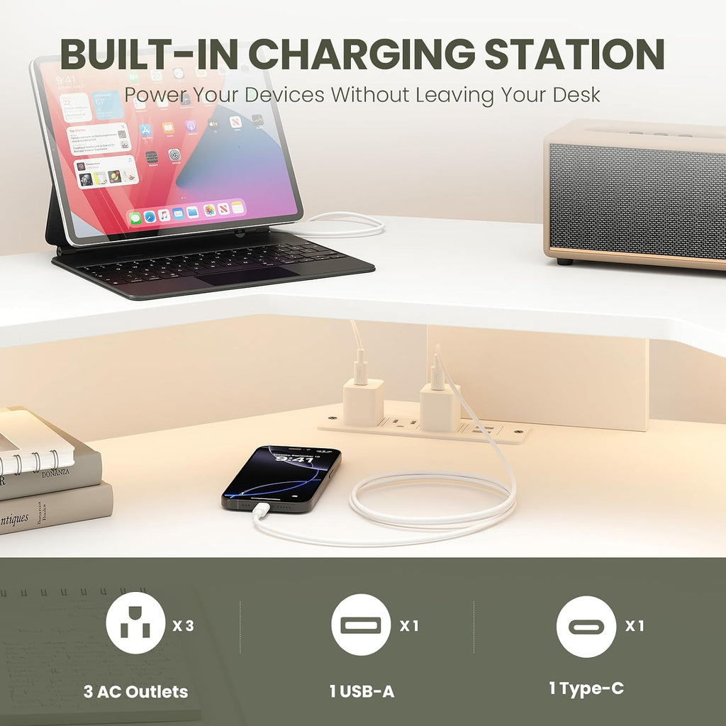 59" L Shaped Electric Standing Desk with Drawers, Height Adjustable Desk with Power Outlets & LED Lights, Monitor