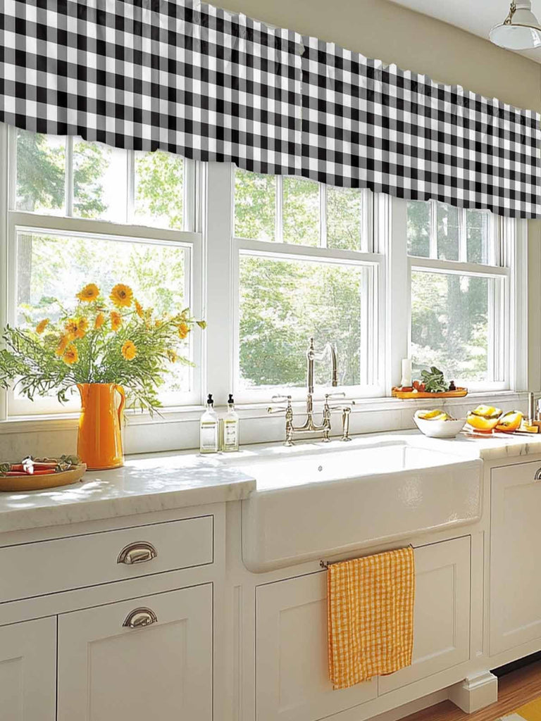 Black White Checkered Curtain Valances for Windows, Farmhouse Kitchen Valance Window Treatments Panel 2 Pack, Buffalo