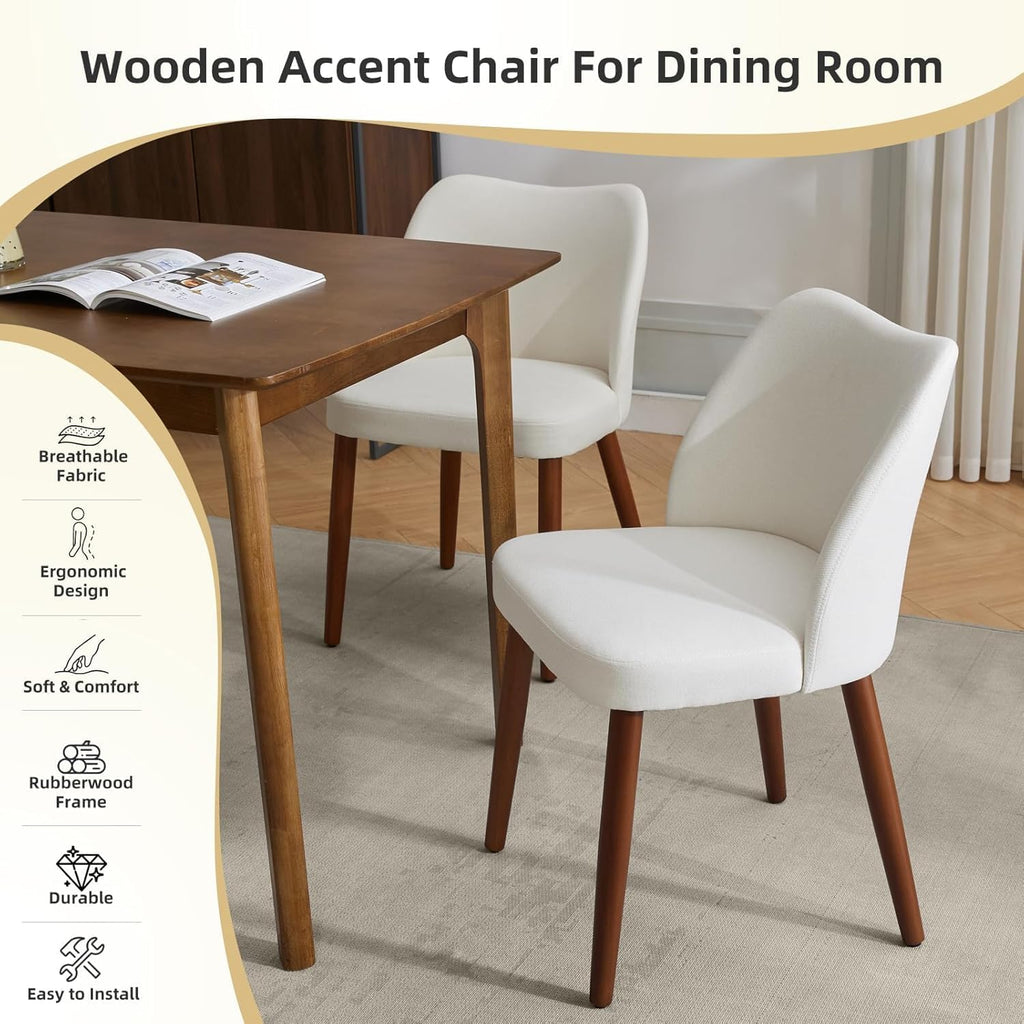 Wooden Dining Chairs Set of 4, Farmhouse Kitchen Chairs with Curved Back, Modern Fabric Upholstered Chairs, Cream