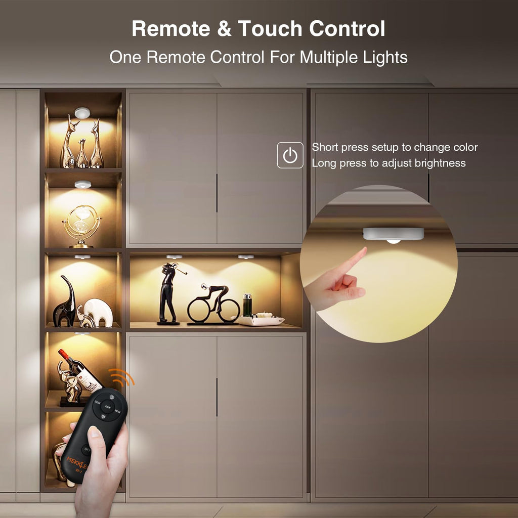 Puck Lights with Remote Control - Rechargeable, Wireless Under Cabinet Lighting, 2000mAh Battery Operated Tap Push