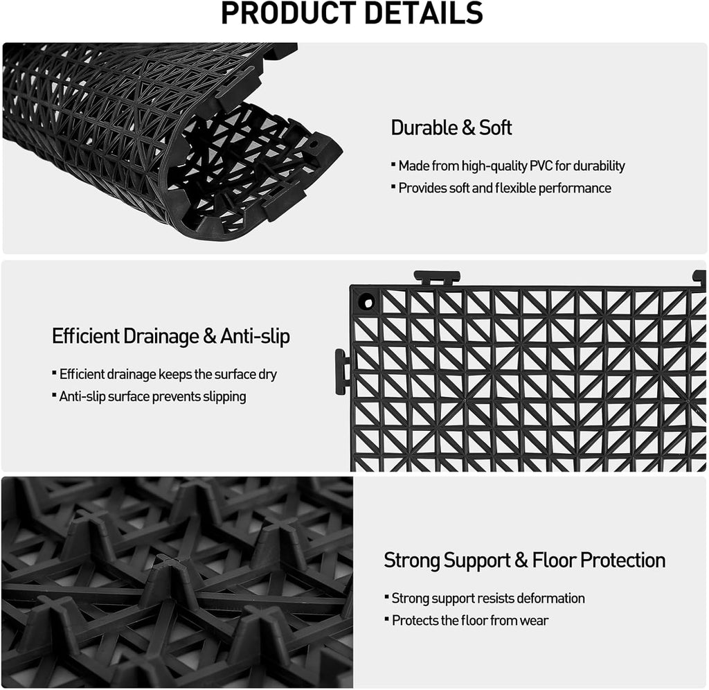 18 Pack 12" x 12" Modular Interlocking Floor Mats, Soft PVC Non-Slip Drainage Tiles, Splicing Rubber Cushion Flooring