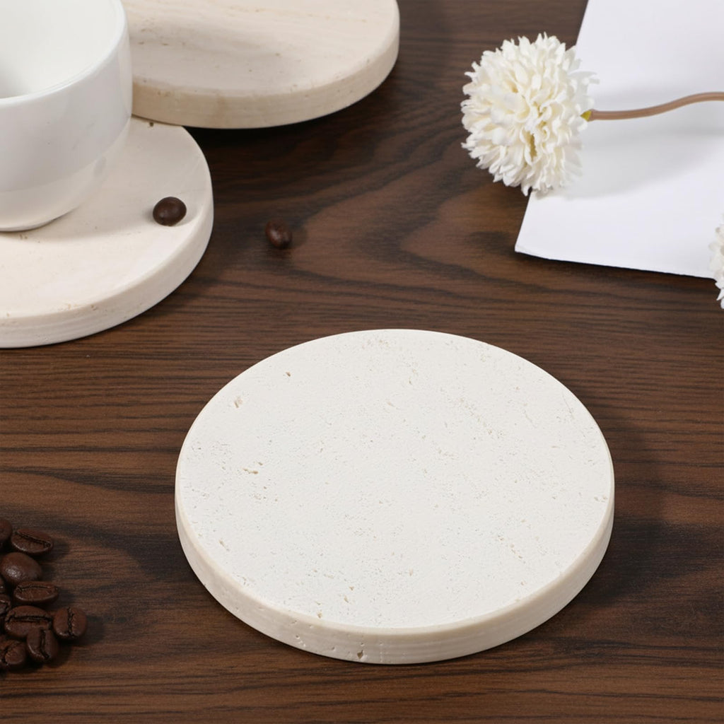 4 Pcs 4 inches Beige Travertine Coasters with Holder