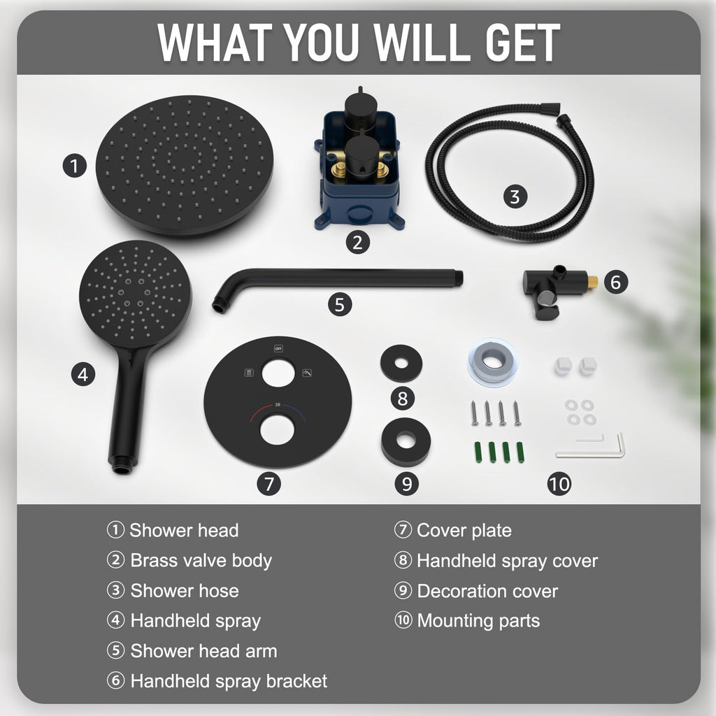 Thermostatic Shower System Wall Mount with 10 Inch Roud Rainfall Shower Head and Handheld, Shower Faucet Mixer Trim