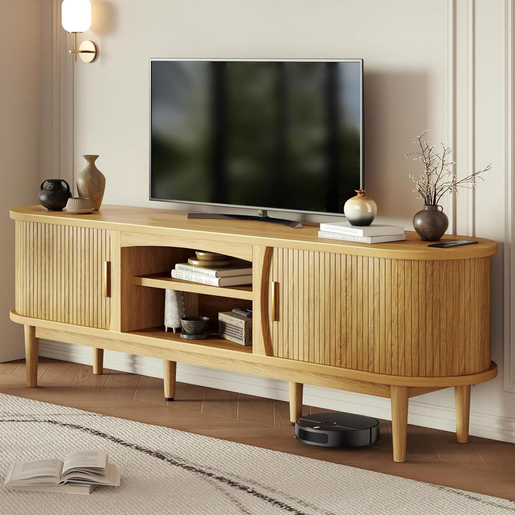 Mid Century TV Stand for TVs up to 80 Inches, Entertainment Center with Storage, Power Outlet, Fluted Sliding Doors &