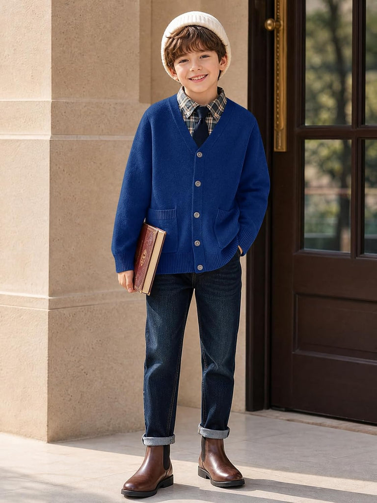 Boys Cardigan Sweater V Neck Button Down Uniform Sweater