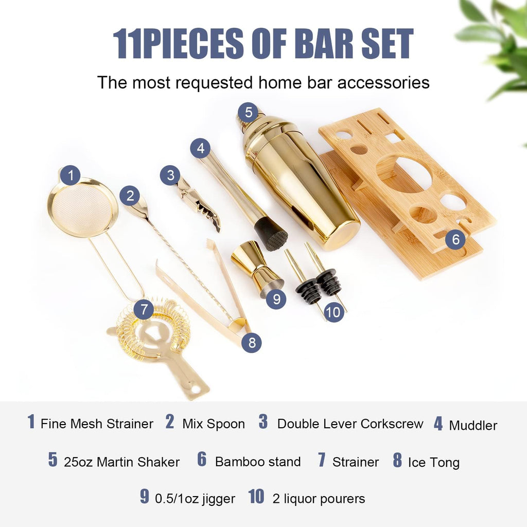 Shakers Bartending, -Cocktail Shaker Set Gold Drink Mixer with 25oz Martini Shaker,Muddler,Bar Spoon and More - Set of 11